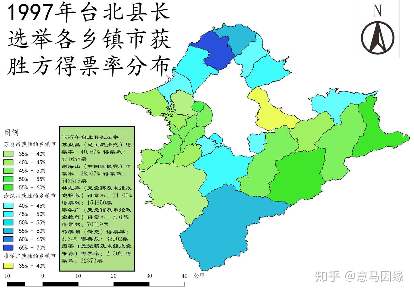 资料放送 1993年到2018年台北县 新北市长选举得票地图 乡镇市区别 知乎