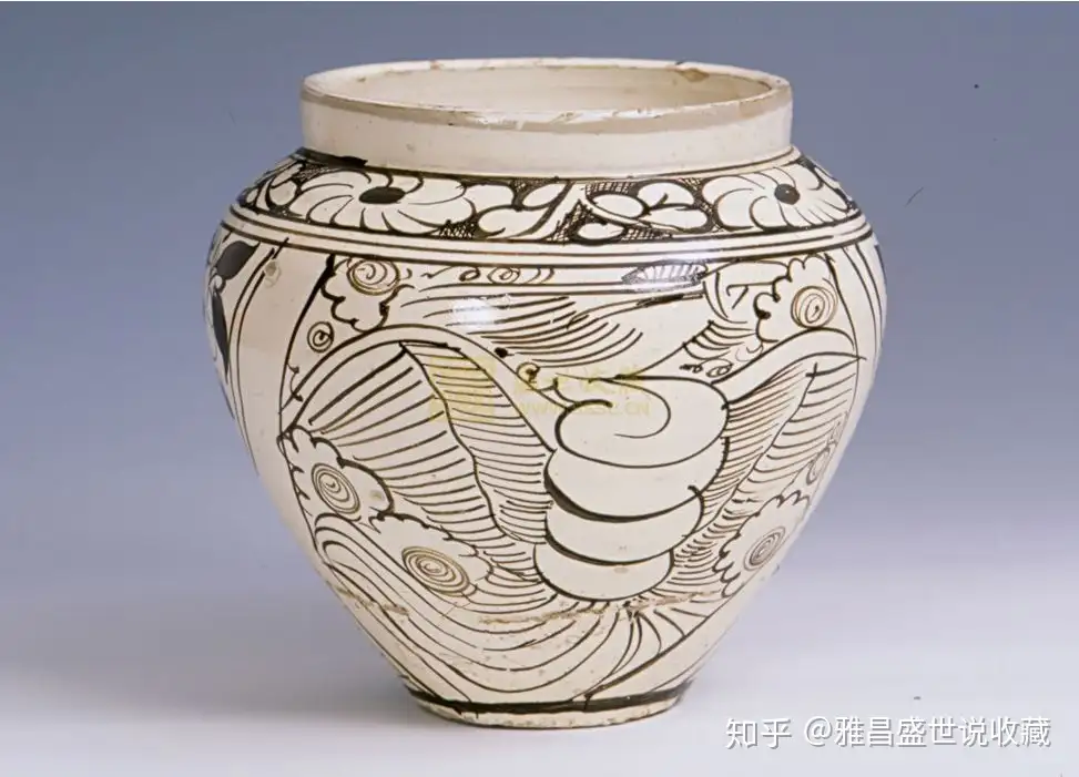 中国　磁州窯　白掻落　魚文　梅瓶　時代箱　V R4116C陶芸