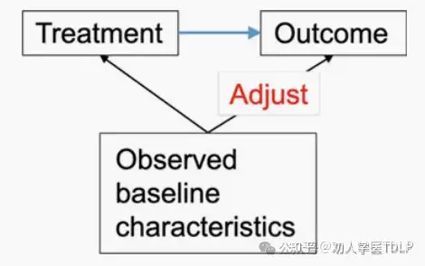 观察性研究中基线特征调整的示意图。通过调整，我们的目标是纠正观察到的基线特征和结局之间的系统联系，从而回答以下问题：如果治疗组之间观察到的基线特征相似，治疗效果如何？