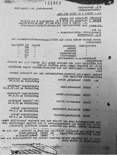 1944 年 9 月 1 日的集中营文件,显示有 2324 名女性囚犯从拉文斯布吕克集中营转移到了 6 个小型集中营。 1944 年 9 月 1 日的集中营文件,显示有 2324 名女性囚犯从拉文斯布吕克集中营转移到了 6 个小型集中营。