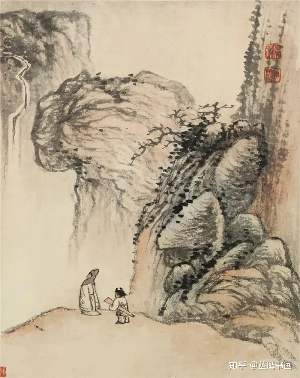 清代 名家手絵 山水人物画 掛軸-