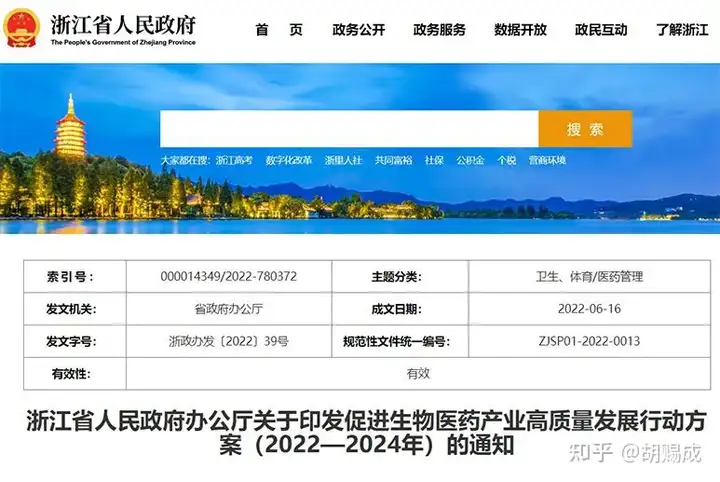 浙江印发《促进生物医药产业高质量发展行动方案2022—2024年》（促进杭州市生物医药产业创新发展的实施意见）