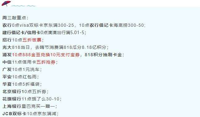 8月18日周三-浦发金豆兑换10支付宝支付券、招行/中信/北京银行五折券、华夏5折福袋  ~-惠小助(52huixz.com)