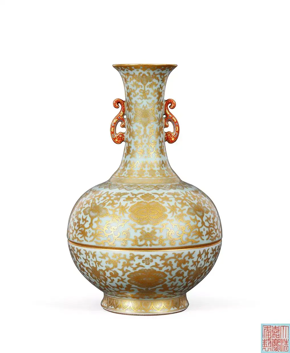中国美術 古銅細密浮彫 双獣耳 大壺花瓶-