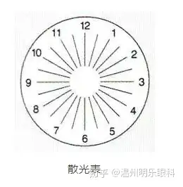 看下方的散光表,分辨圖片中虛線的顏色深淺情況;再遮住另一隻眼測試