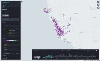 kepler.gl中展示的某城市地震密度图 运用了位置、时间和颜色的视觉暗示