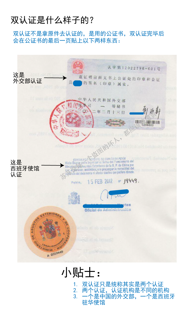 须通过中国外交部认证部门认证后，由外交部递交西班牙大使馆进行认证的1. 所以办理公证和双认证的次序为