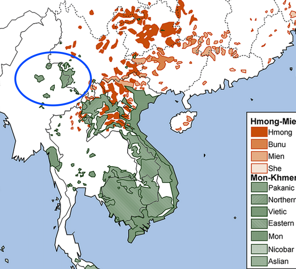 上左图,红色部分为苗瑶语系的分布区,绿色部分就是孟高棉语族的分布区