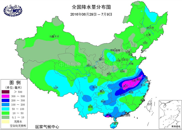 放几张图看看地理 2016-6-29    2016-7-9降雨量分布图如下,来自中国