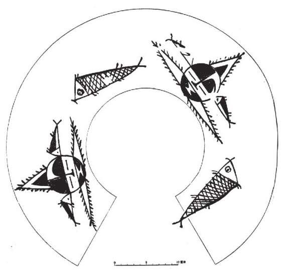 人面鱼纹展开示意图纵观这组彩陶图案,两条小鱼循环
