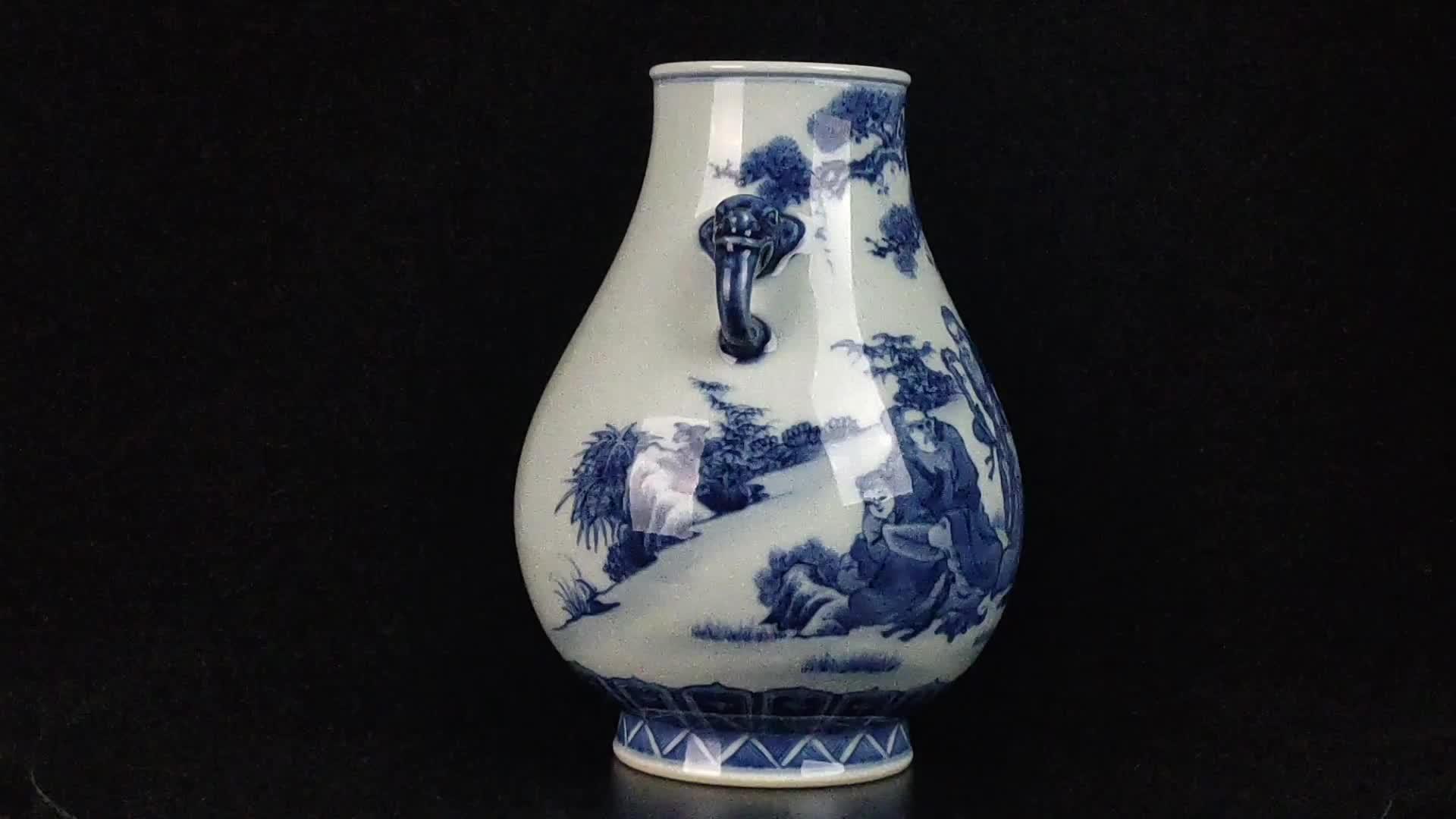 精品赏析】清乾隆青花山水五老图纹象鼻耳樽- 知乎