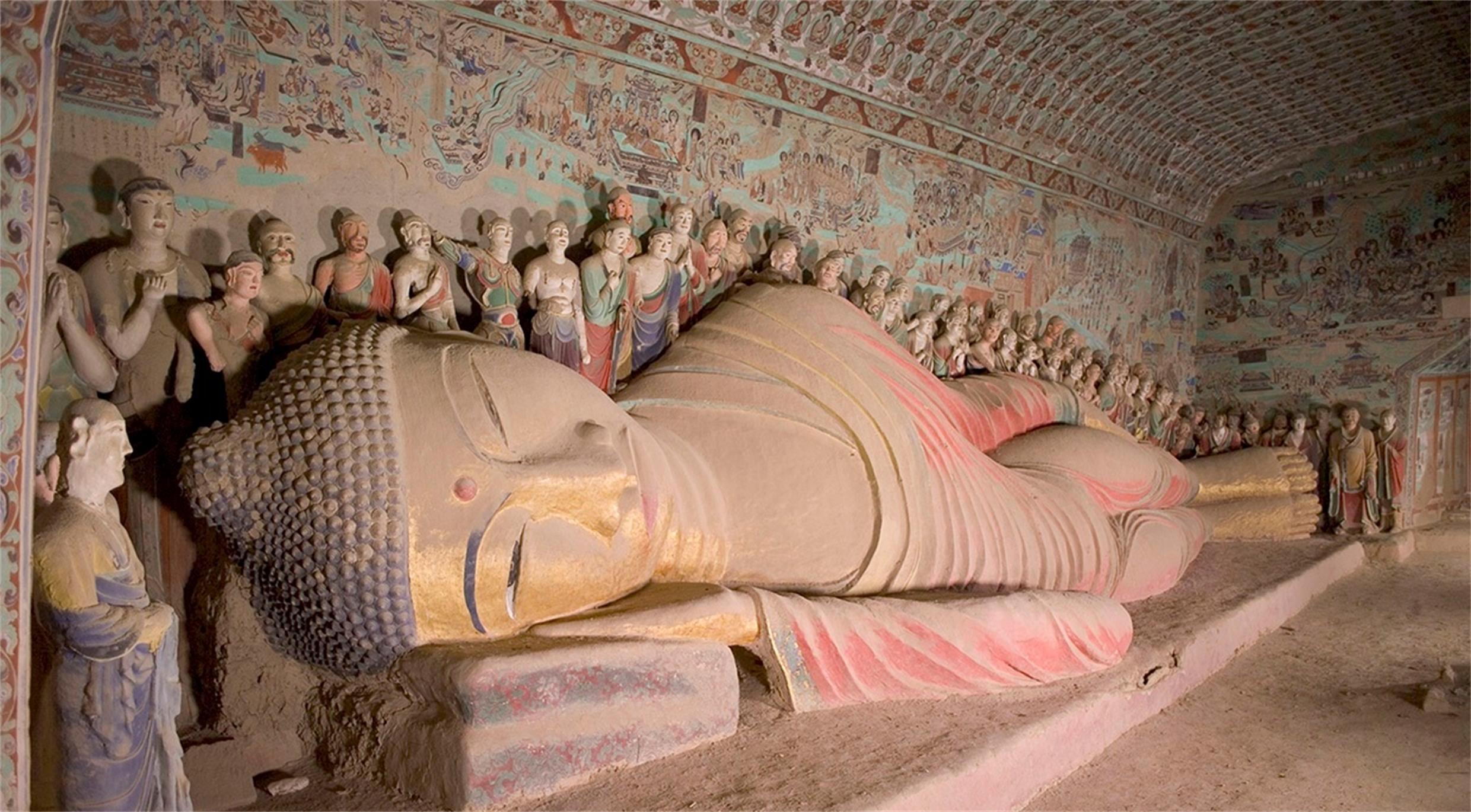 【神游千年,大美敦煌】盛唐-148窟-西壁-涅槃经变:卧佛巨像 巨幅