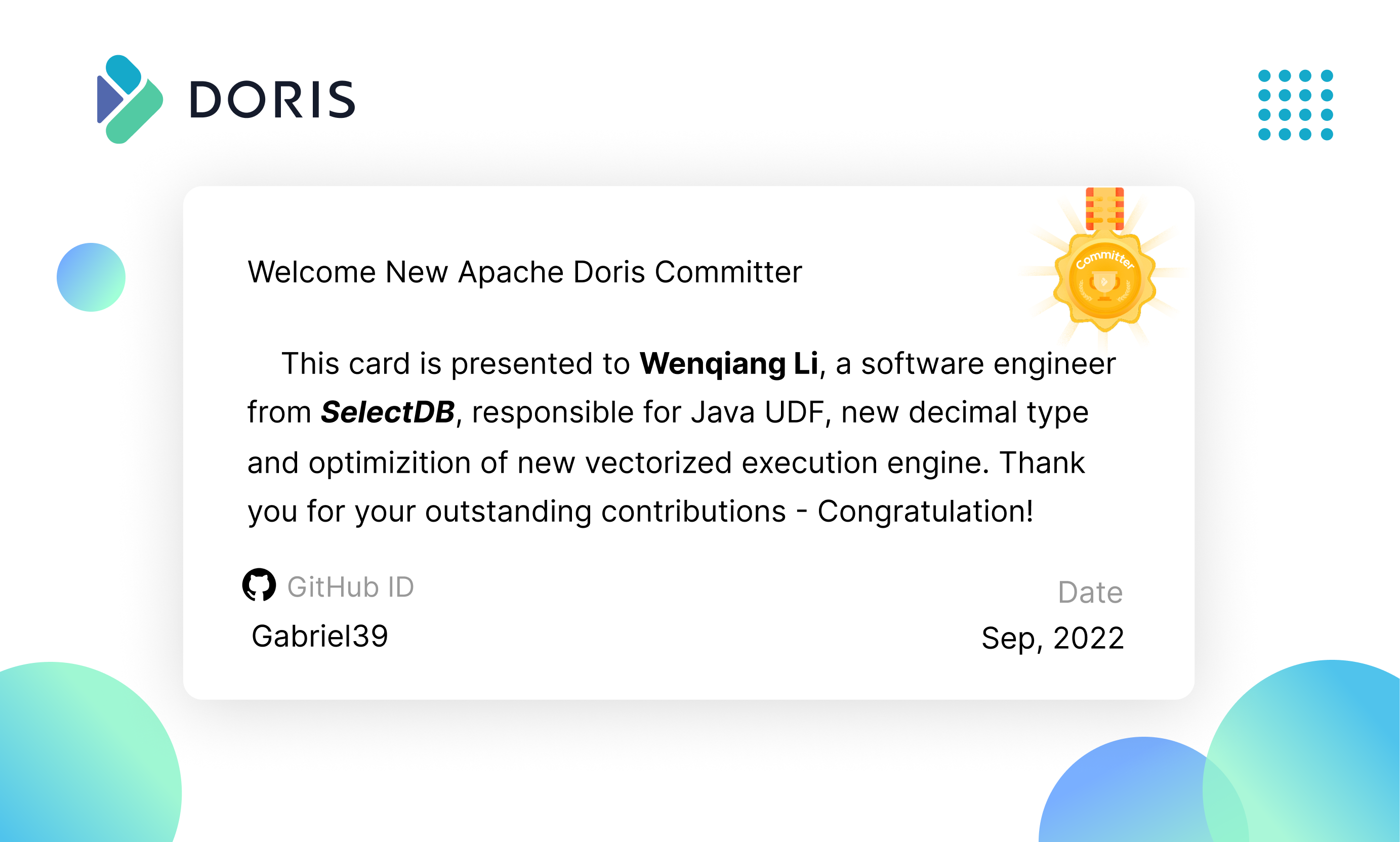 恭喜 SelectDB 三位开发者成为 Apache Doris 新晋 Committer！ - 知乎