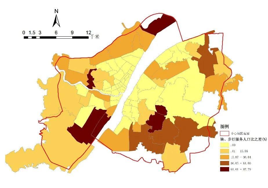 图7-a 各街道的服务面积比变化图6-b 骑行服务范围内的社区图6-a 步行
