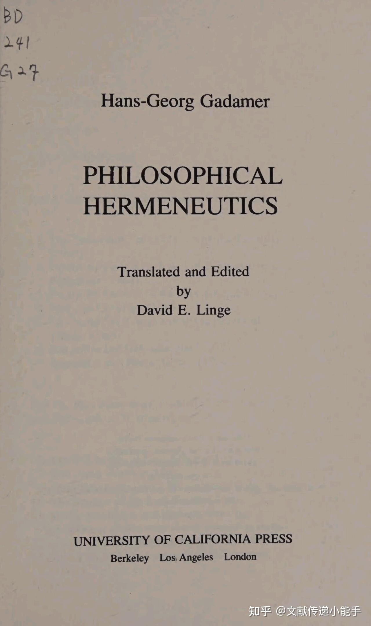 Philosophical hermeneutics by Gadamer, Hans-Georg - 知乎