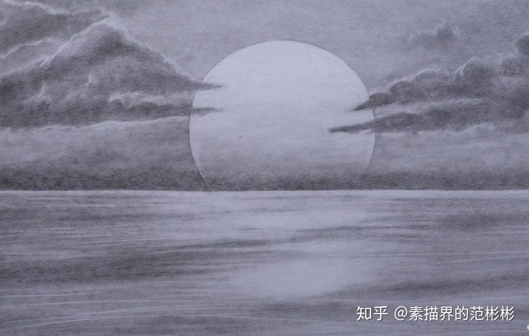 大海和日落的素描画图片