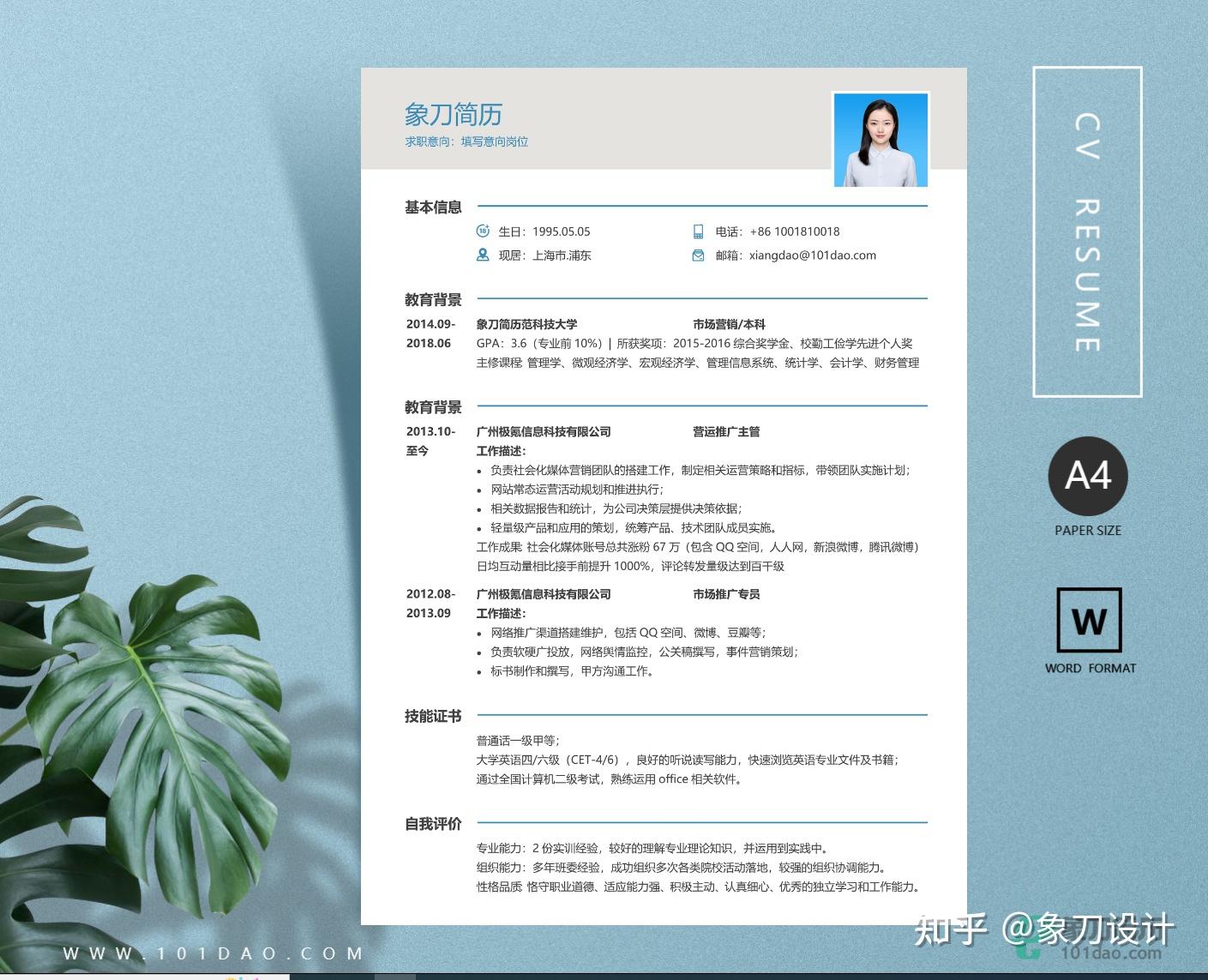 免费简约通用个人求职简历模板-“象刀简历” - 知乎