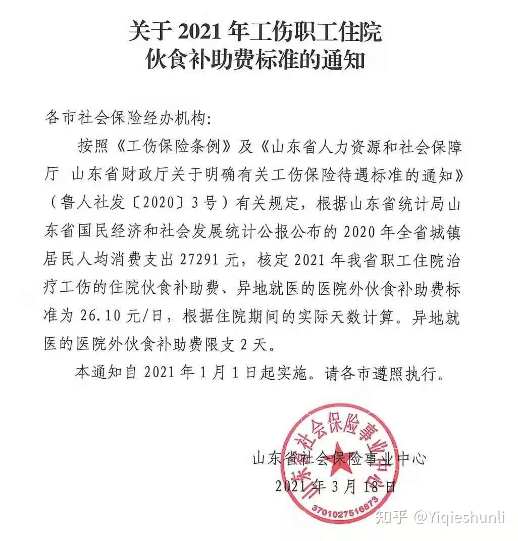 山东关于2021年工伤职工住院伙食补助费标准的通知