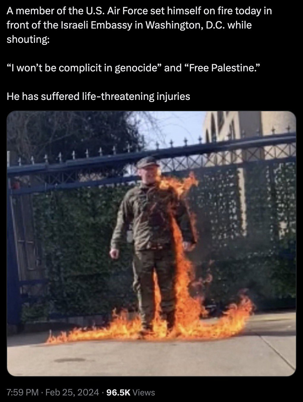 美军人自焚反对种族灭绝