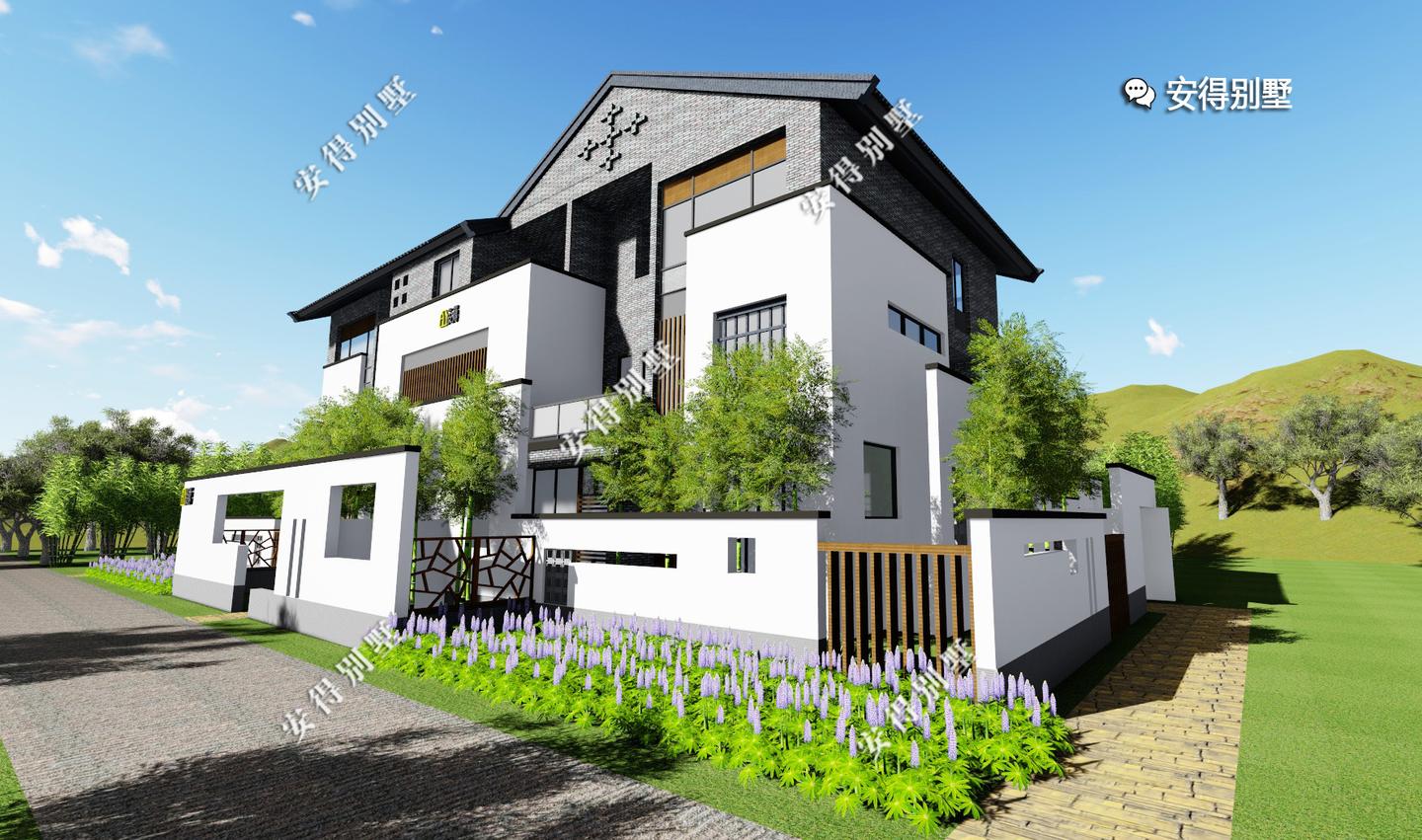 农村新中式别墅青砖白墙大露台有花有草有庭院