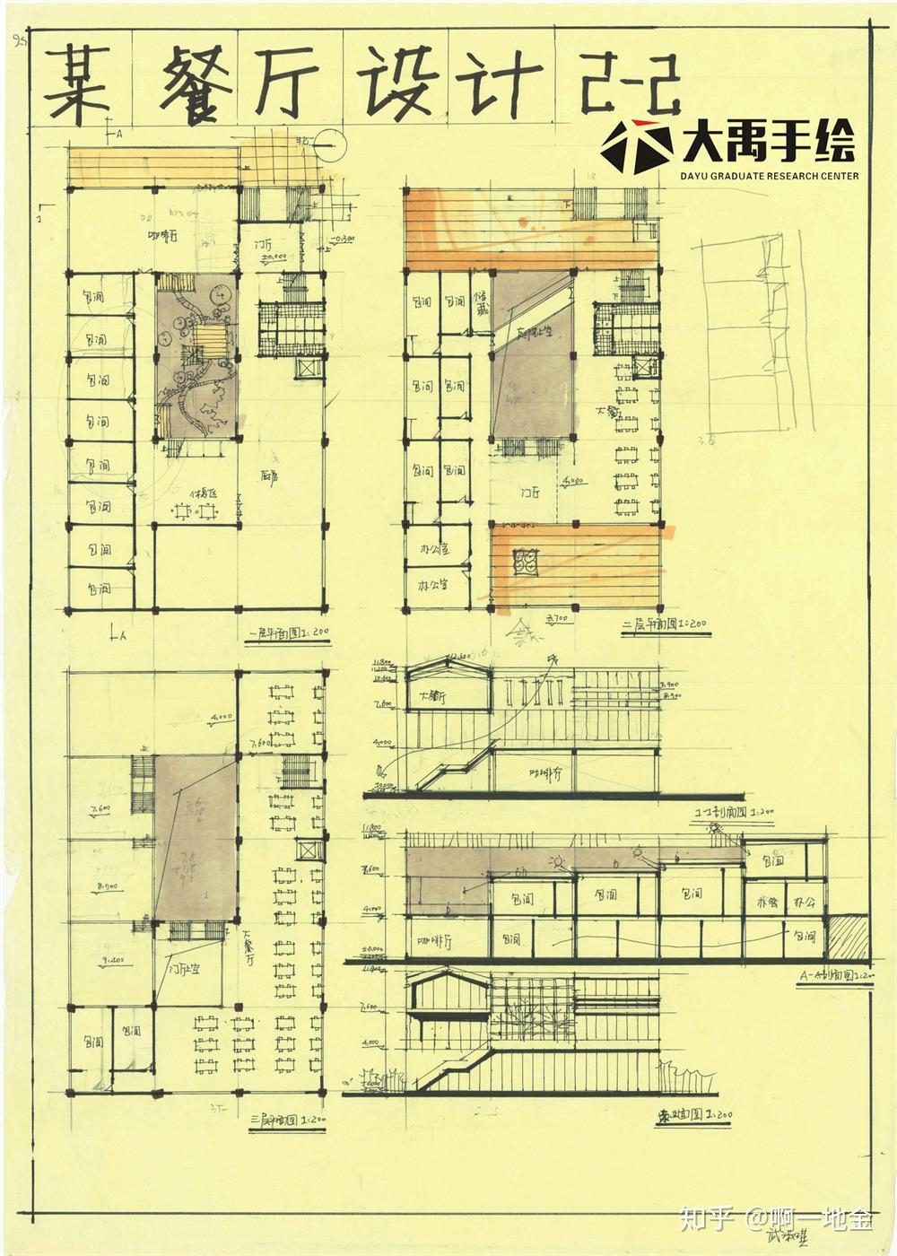 今日分享一:餐厅设计-大禹手绘建筑快题优秀作品欣赏