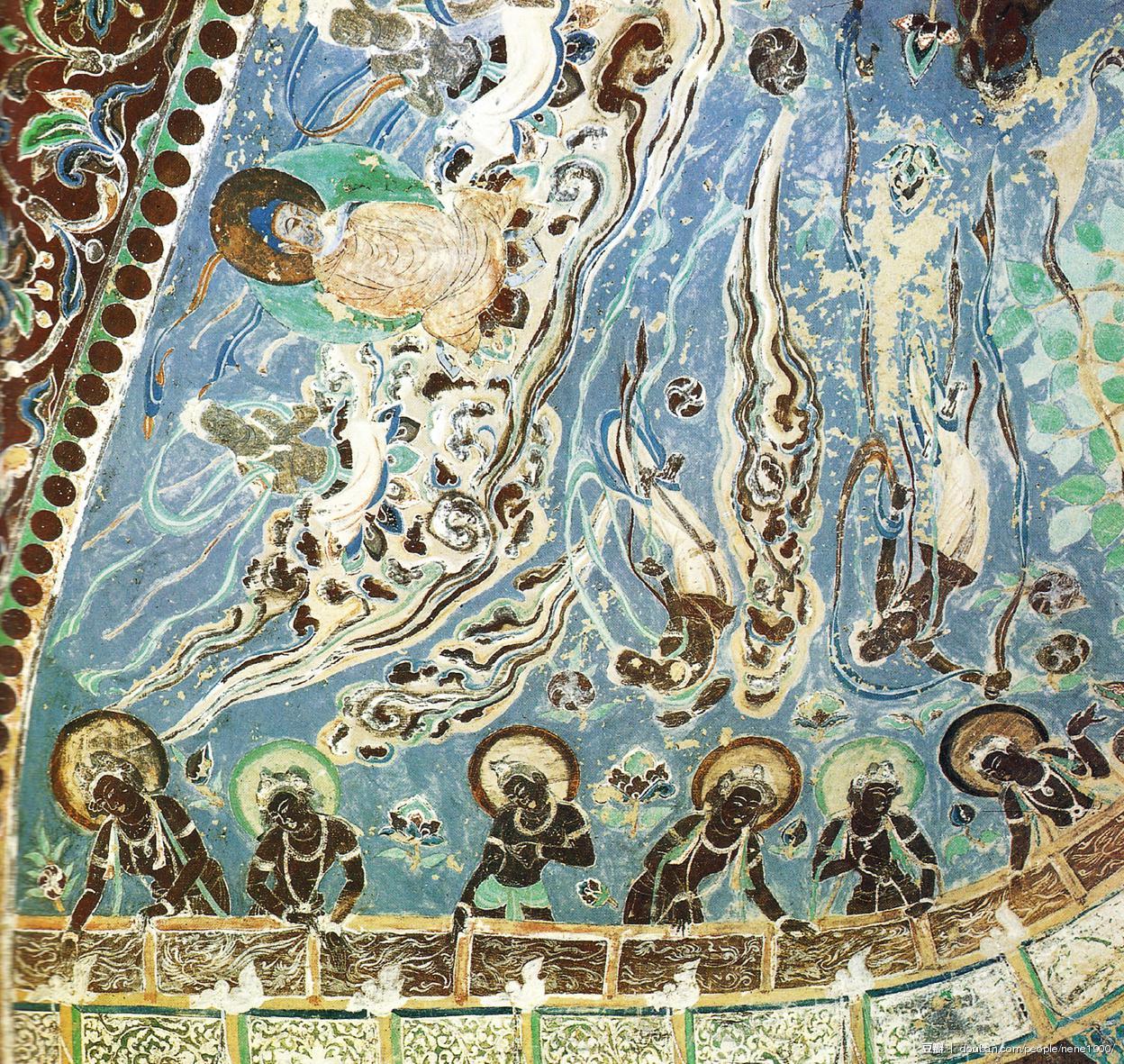 神游千年大美敦煌初唐321窟西壁飞天与凭栏菩萨飘逸空灵