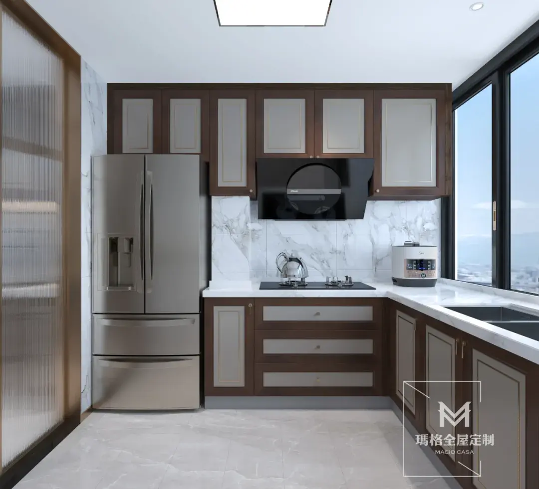 窗户引入日光,木制柜体和浅色石材的组合,将中式的意蕴用现代的手法