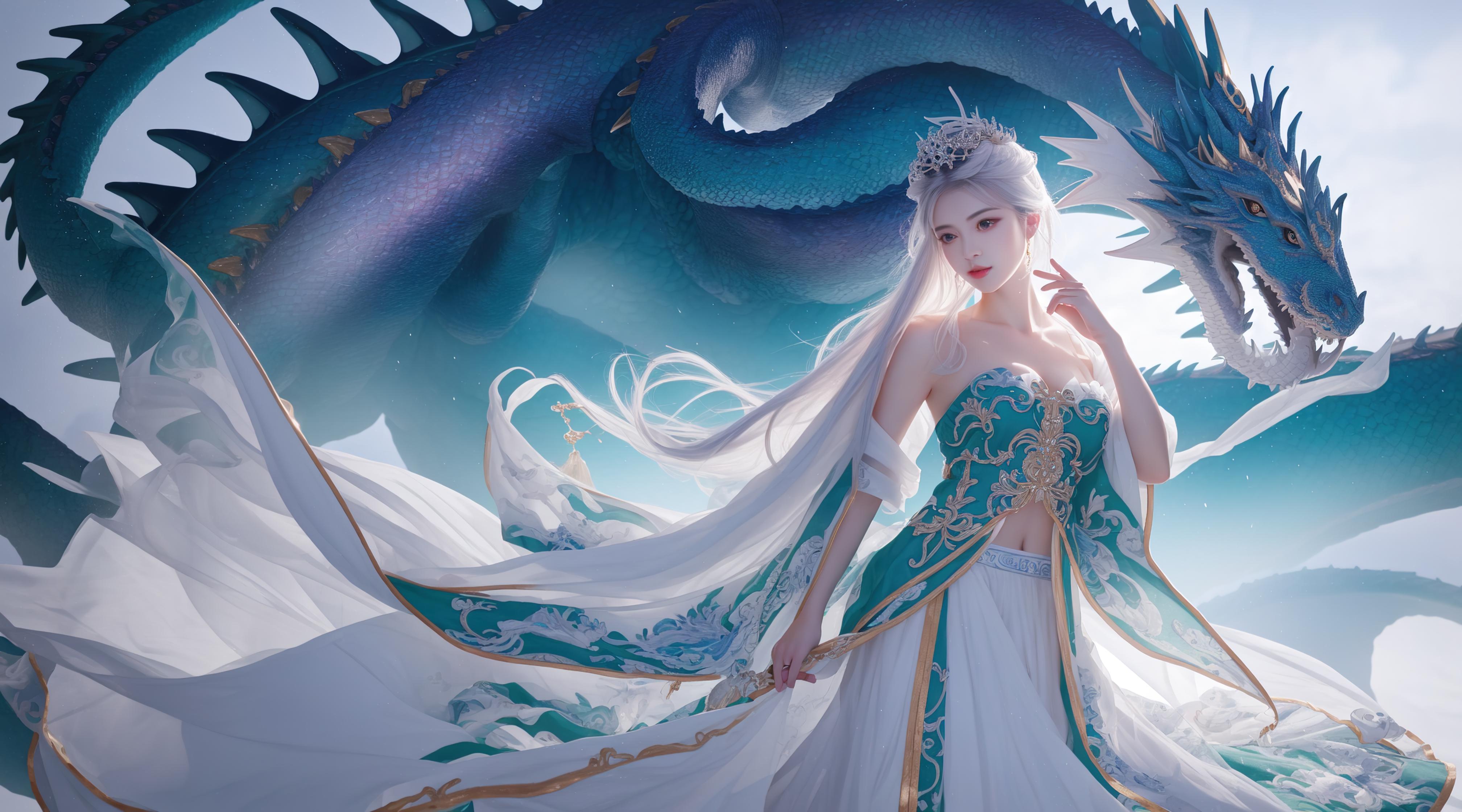 ai电脑绘横屏-白发龙女横屏-白发龙女画模型游戏动漫二次元角色手机