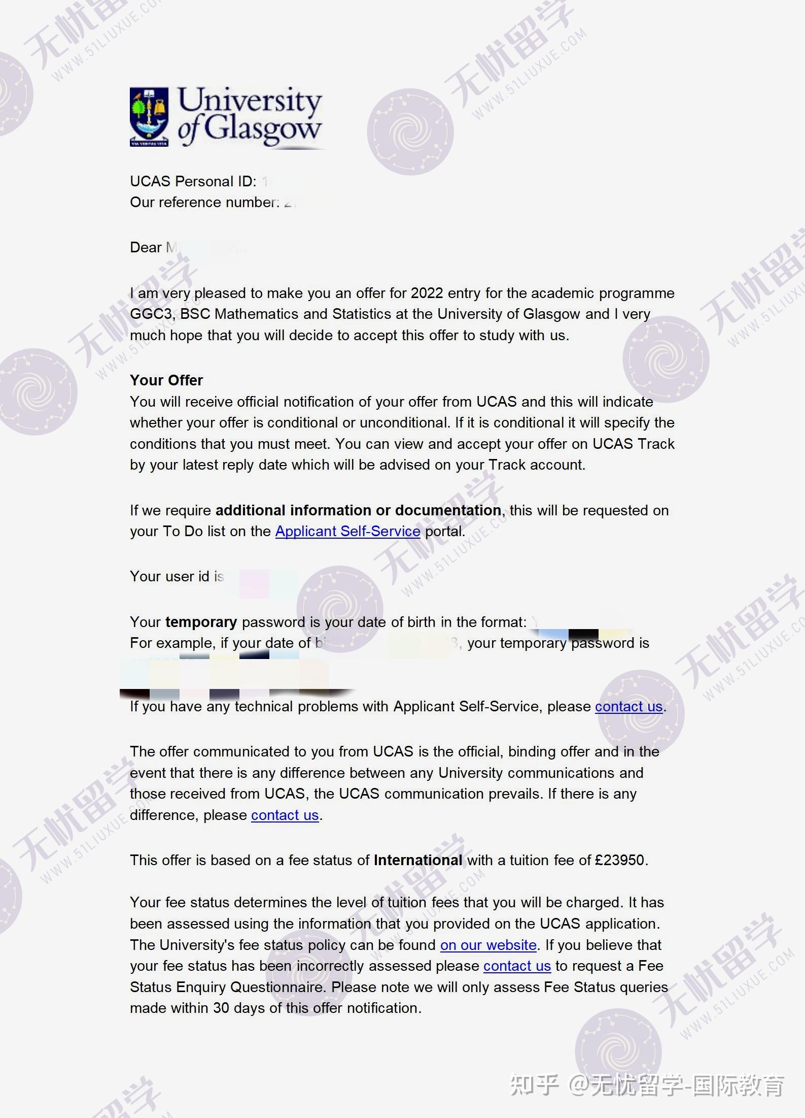 分享】恭喜无忧留学p同学获得英国名校格拉斯哥大学的本科录取offer