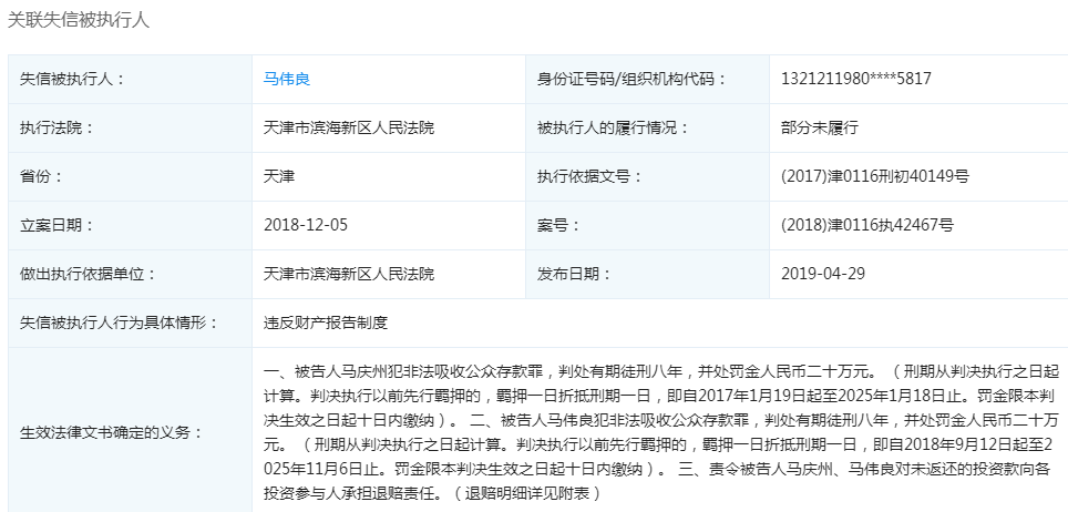 值得一提的是,卓安e贷的法定代表人,第一大股东马伟良已经被列入失信