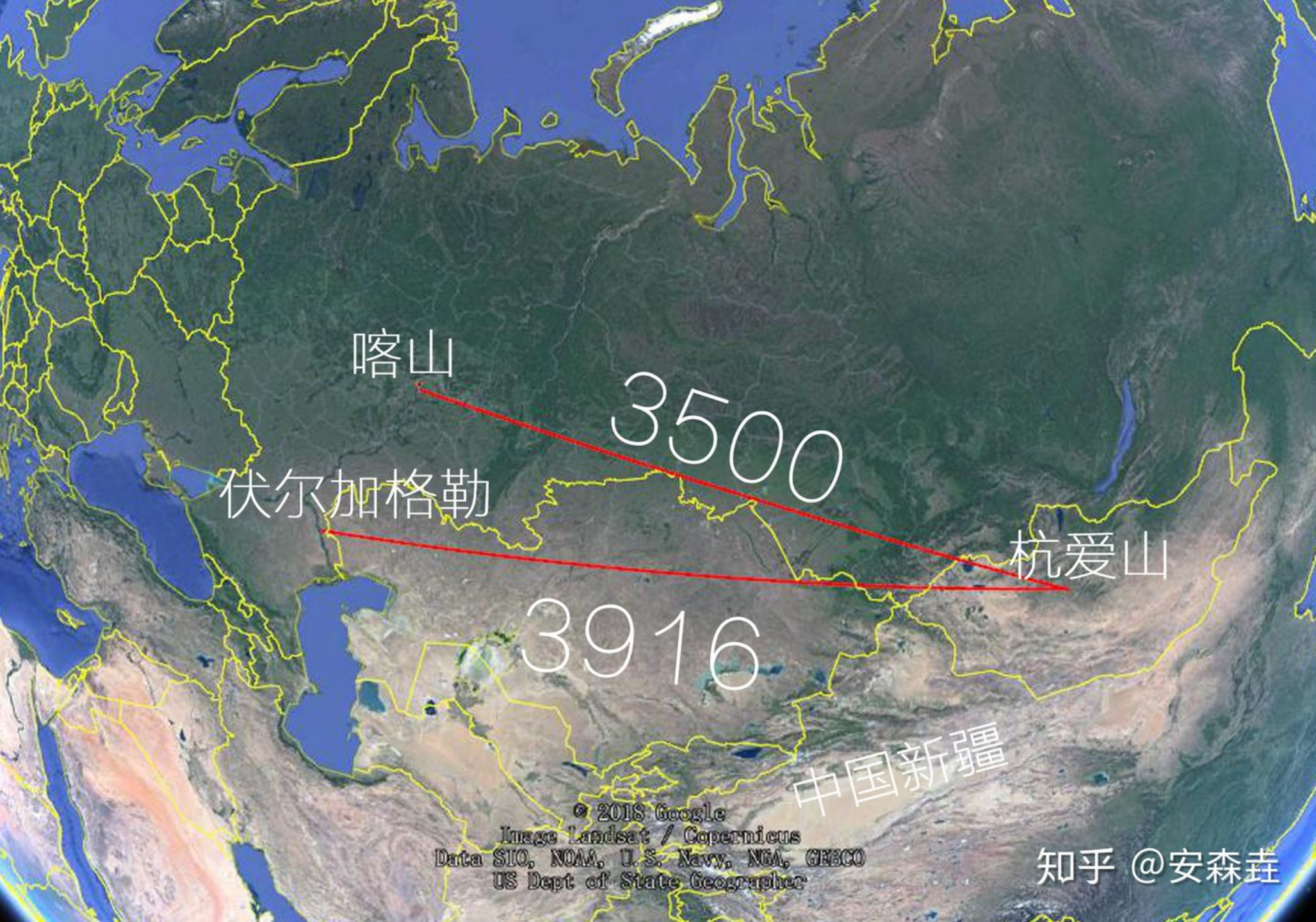 图 7：蒙古国杭爱山到俄罗斯喀山、伏尔加格勒的距离