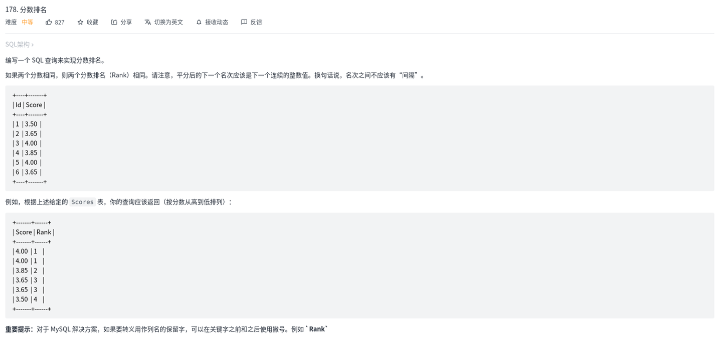 【SQL】leetcode 178. 分数排名 - 知乎