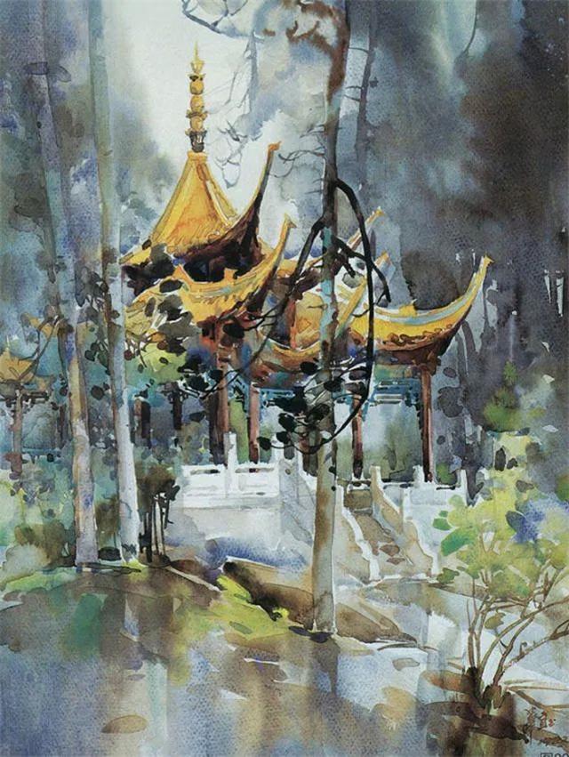 等到毕业之后才又创作出了属于自己独特的水彩建筑画,她将东西两种