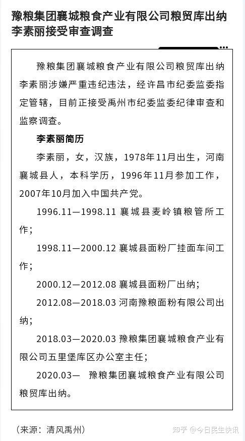 豫粮集团襄城粮食产业有限公司粮贸库出纳李素丽接受审查调查