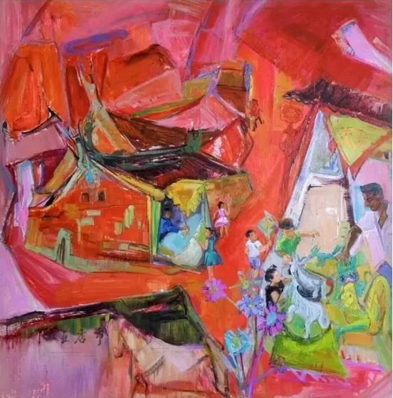《闽南红系列——五店市》150*150cm布面油画《闽南红系列——节日》