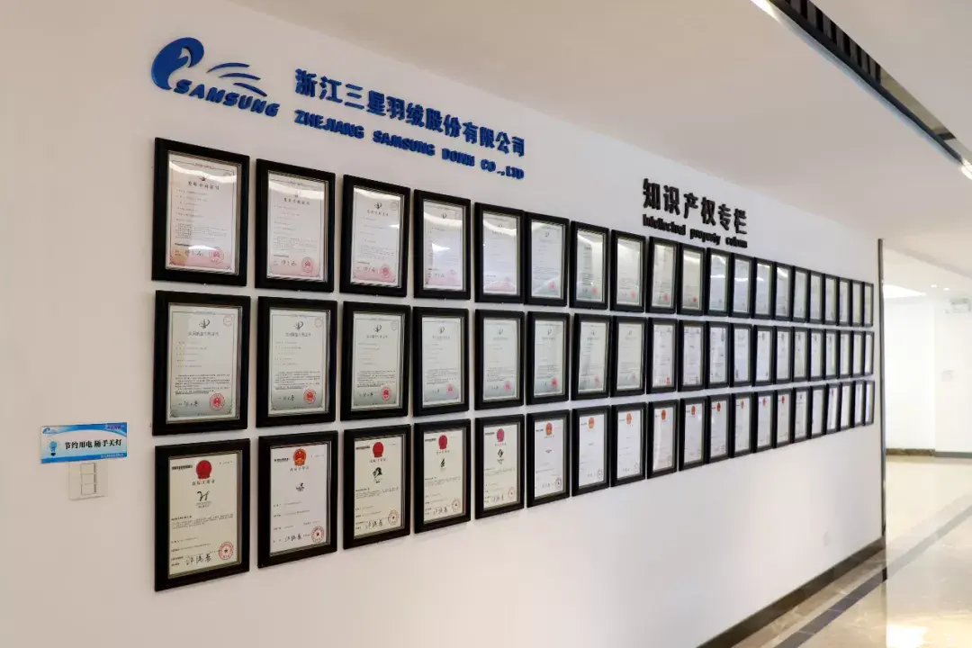 杭州工厂设置了一面知识产权专栏墙,上面挂满了历年获得的专利证书