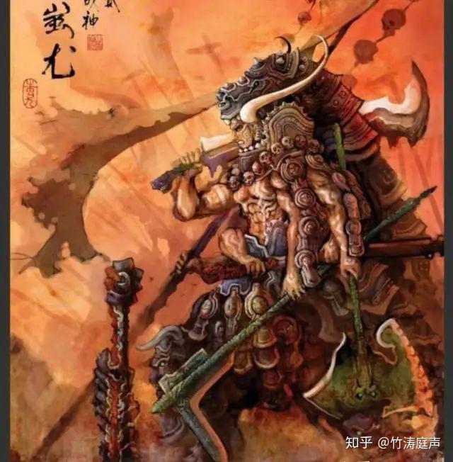 他高大威猛,面如牛首,下生八脚,背长双翅,三头六臂,铜头铁额,刀枪不入