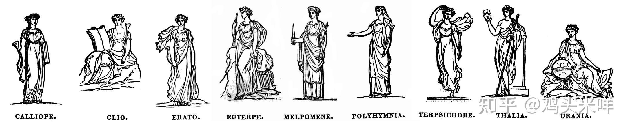 并拥有其独特的象征物品:如司掌英雄史诗的卡利俄珀手持写字板;司掌圣