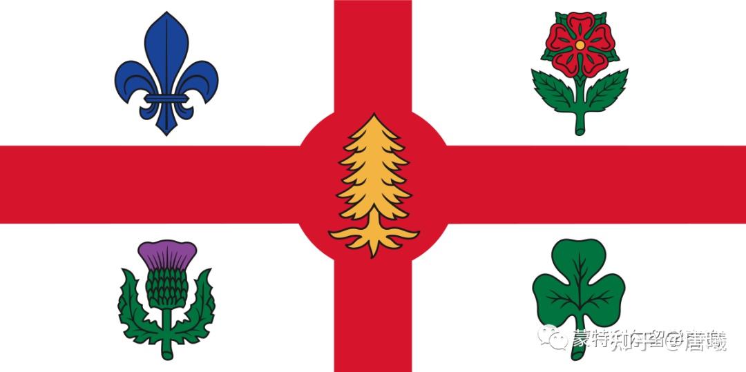 pine tree)代表原住居民,左上角是代表法国人的鸢尾花(fleur-de-lis)