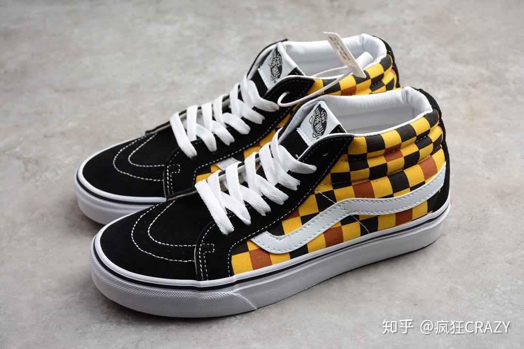 经典棋盘格vans万斯中帮黑黄橘格子拼色和黑蓝格子拼色帆布鞋