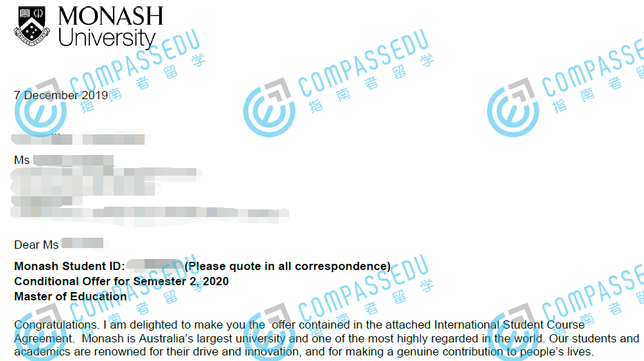 莫纳什大学教育学硕士研究生offer一枚