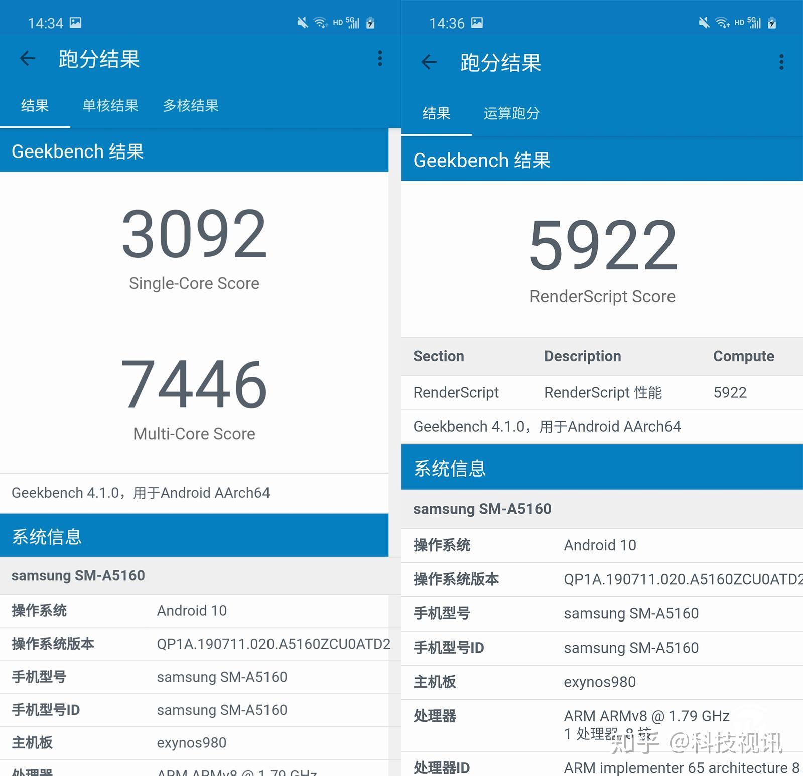 在geekbench软件的处理器(cpu)负载评测中,三星galaxy a51 5g智能手机