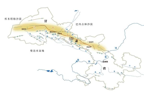 展開地圖,可以明顯的看出一條河,一片城的對應關係: 石羊河對應武威