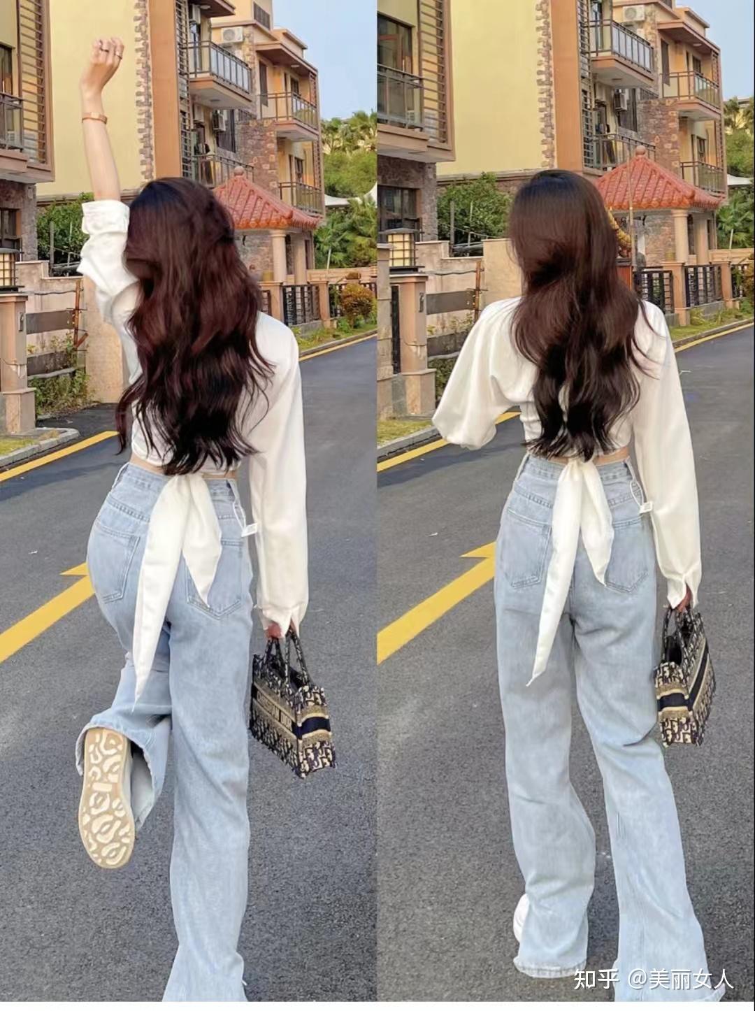 抽绳上衣搭配阔腿牛仔裤好绝!