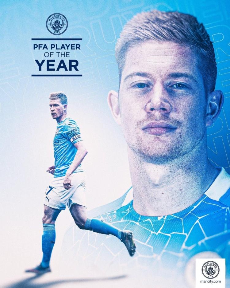 官方德布劳内蝉联pfa年度最佳球员