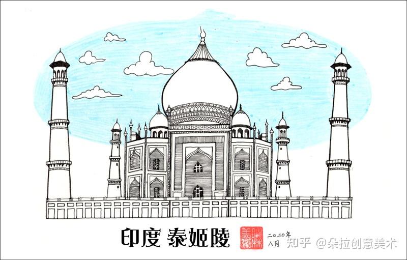 素材创意儿童线描画世界著名建筑