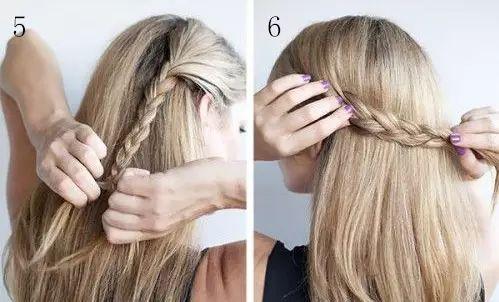 2:从左侧前额至耳旁处取一束头发,然后再分成三小束,并按三股辫的编法