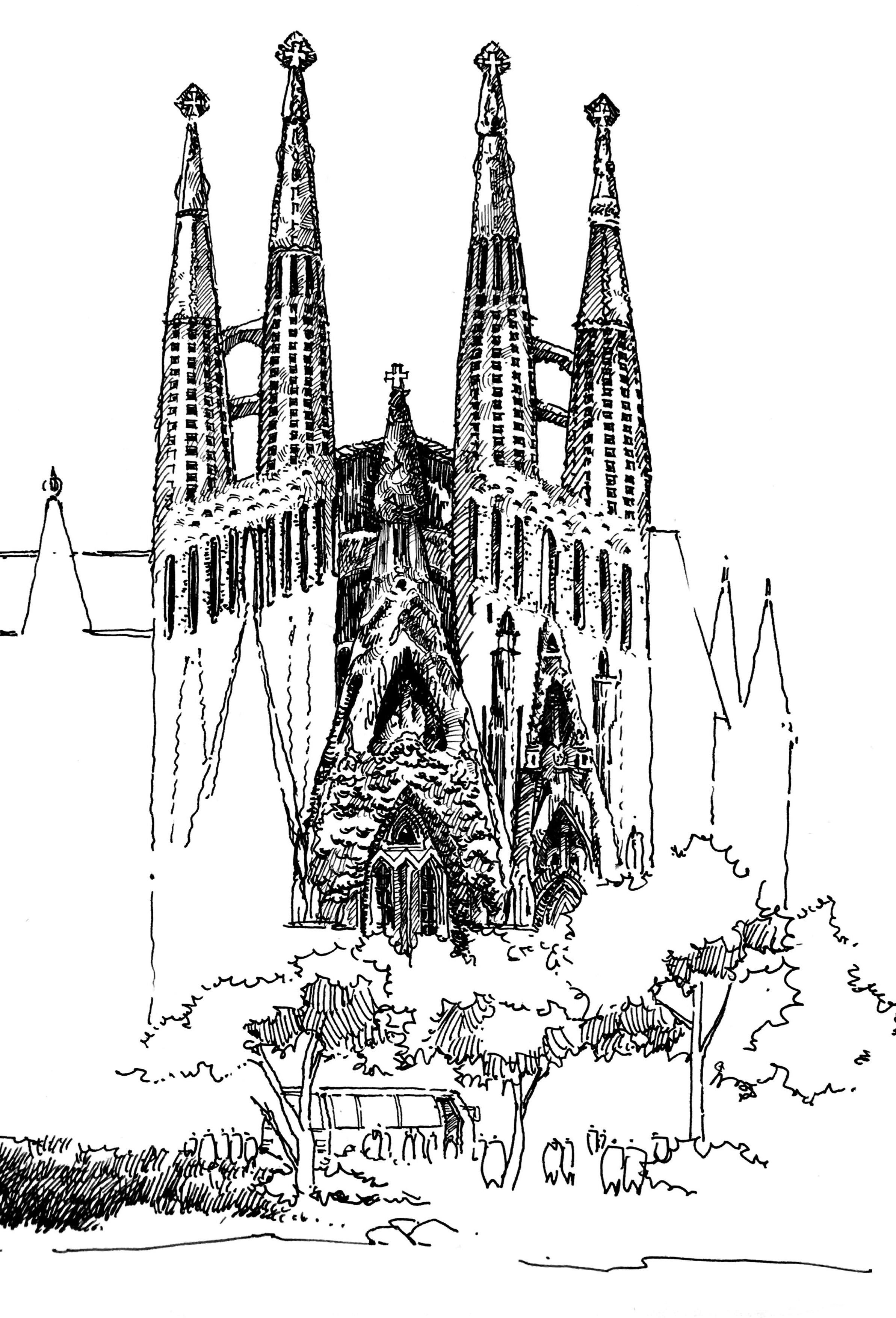 手绘圣家族教堂(钢笔起稿,以马克笔和彩铅作为上色材料)