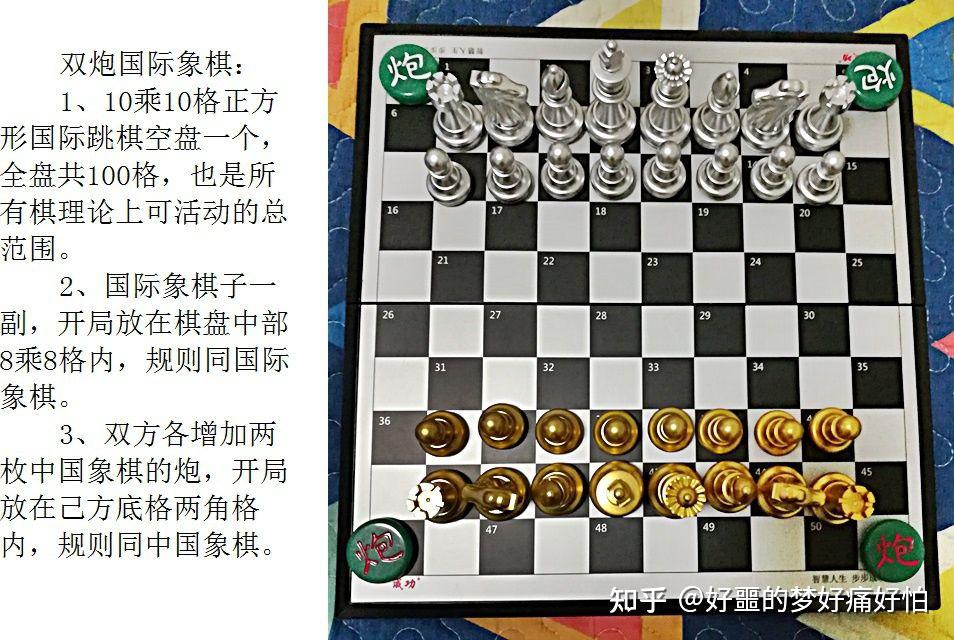 2,国际象棋子一副,开局放在棋盘中部8乘8格内,规