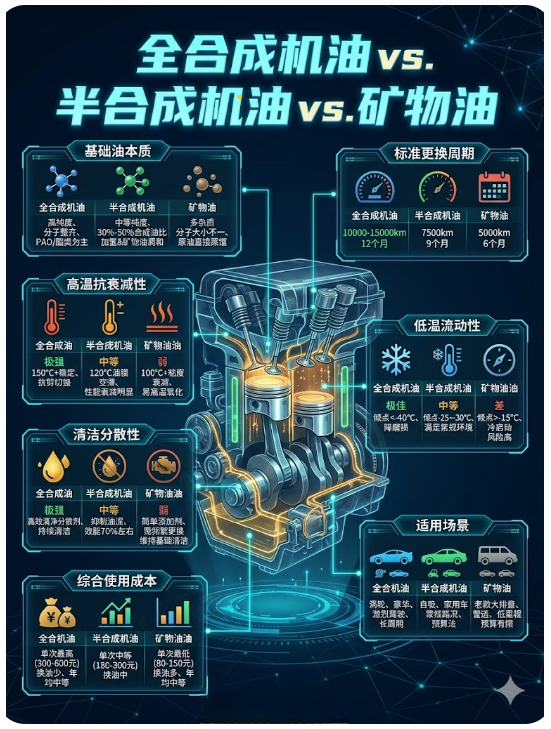 全合成机油 vs. 半合成机油 vs. 矿物油【一图看懂汽车保养】